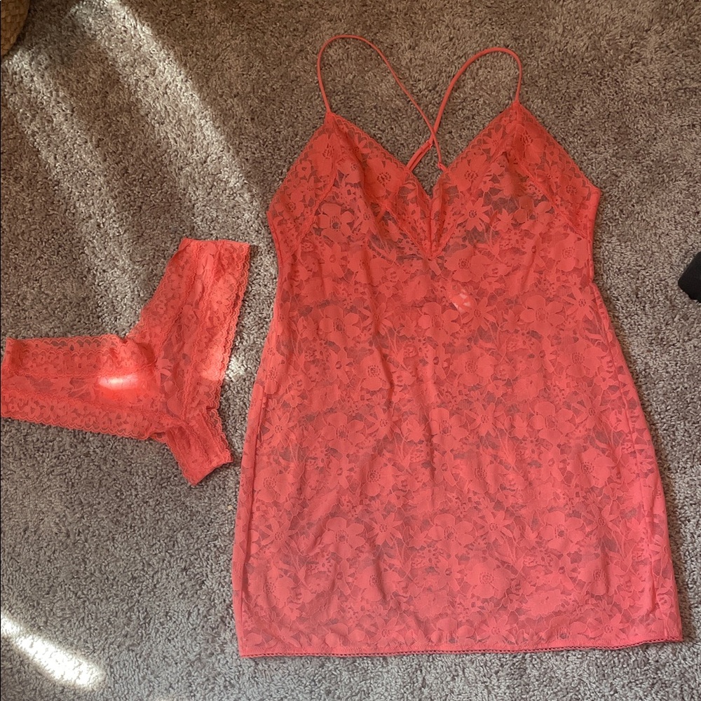 Victoria's Secret Coral Lace Slip Chemise with Matching Lace Panty